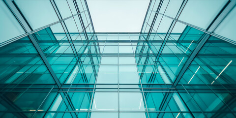 Aufkleber - Low-angle view of a modern glass building facade, reflecting the sky on a clear day, demonstrating a concept of contemporary architecture. Generative AI