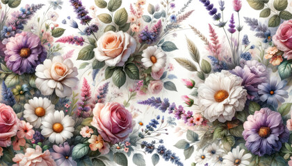 Poster - Lush floral wallpaper with roses, daisies, and wildflowers on a vintage white background. Botanical art concept. Generative AI