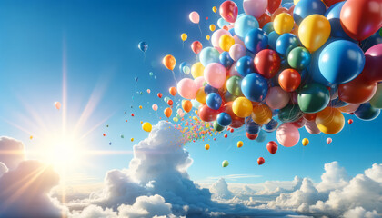 Poster - Balloons bursting through clouds into the sunlight, depicting freedom and joy. Generative AI