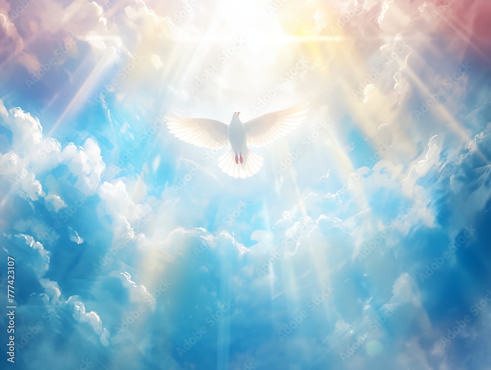 Holy Spirit dove is flying in clear blue sky, beautiful sun rays shine ...
