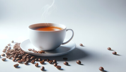 Poster - White coffee cup with steam rising, on light background with beans. Soft focus. Generative AI