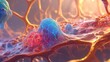 Closeup of Golgi apparatus sending vesicles to lysosome, vivid colors, studio lighting