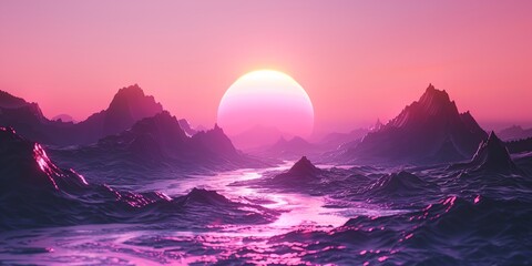 Wall Mural - A pink and purple sky with a large sun in the middle