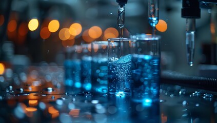 An electric blue liquid fills a pipette in a laboratory, ready for precise measurements. The glass tube gleams with the vibrant fluid