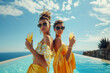 Two pretty girls in stylish dresses and sunglasses near a swimming pool