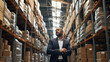 businessman in a warehouse, business person visits a warehouse checking the stocks or raw material or shipment 