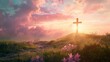 A wooden cross stands on a hilltop, bathed in the warm glow of a sunset, surrounded by pink wildflowers against a dramatic sky.