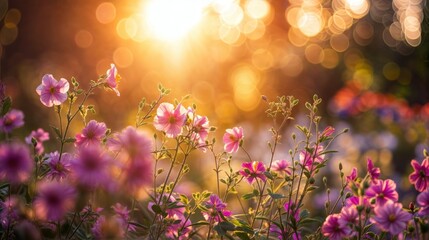 Wall Mural - Beautiful pink flowers in the garden with sunlight and bokeh