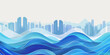 Abstract blue wave background with city skyline.