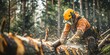 © progressman - a man cutting a log with a chainsaw in a forest