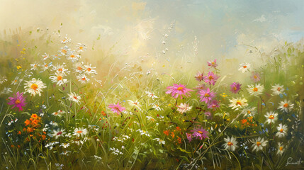 Wall Mural - Sultry landscape. A field against the sky. Bright wildflowers. Oil painting. Generative AI.