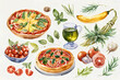 Italian cuisine ingredients, watercolor on white background. Generative AI