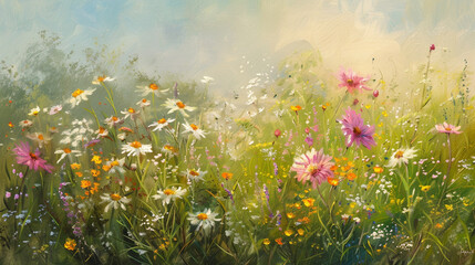 Wall Mural - Sultry landscape. A field against the sky. Bright wildflowers. Oil painting. Generative AI.