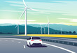 Vector illustration of a car driving on the highway in the mouuntains along windmills farm