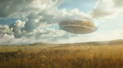 Wall Mural - Alien Plate Hovering Over Field Scene