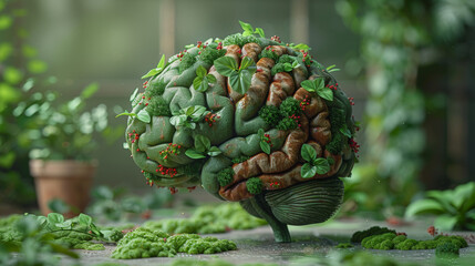 Wall Mural - 3d illustration of human brain covered with plants over green background.