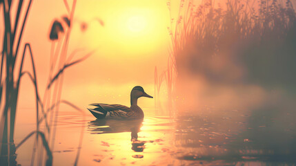 A charming duck wading through a misty morning marsh, its silhouette outlined against the dawn sky, while delicate reeds sway in the gentle breeze