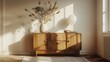 a minimalist living room scene using AI, incorporating a wooden commode, a stylish paper table lamp, dried flowers in a vase, and well-selected personal accessories attractive look
