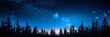 A clear night sky with stars and the silhouette of trees,beautiful night forest, A dark blue sky with stars above the silhouette of trees at night ,banner