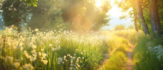 Poster - Landscape design with meadows and sunlight.