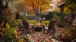 a picturesque scene of an inviting fire pit area in a backyard, adorned with Adirondack chairs and the warm hues of autumn attractive look