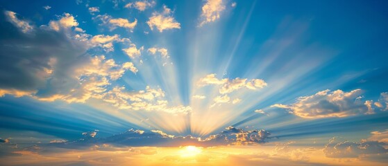 Poster - A sunset with sun rays, a sky with clouds and a sun.