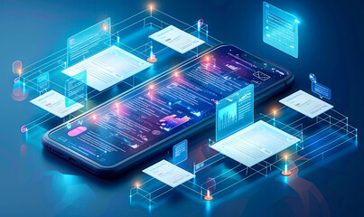 Poster - mobile document management app concept illustration with smartphone, files, charts floating in 3d sp