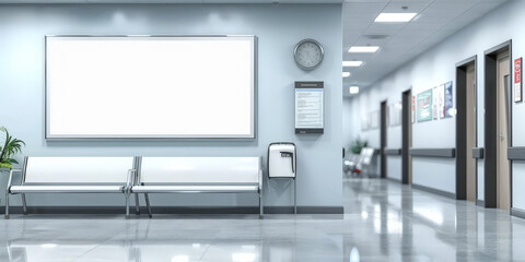 Wall Mural - A mockup of an empty white poster on the wall in modern hospital waiting room with comfortable chairs and medical equipment. empty white blank poster on  white wall in hospital, white board 