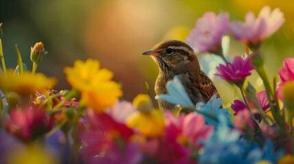 A close-up shot of a wren peeking out from behind a cluster of colorful spring flowers, with a blurred garden backdrop