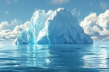 A massive iceberg drifts in the vast ocean, surrounded by water and under a sky filled with clouds. The natural landscape is breathtaking, making it a mustsee for travelers seeking unique views