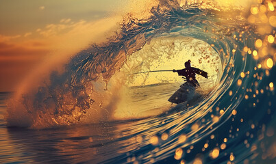 Samurai silhouette holding sword in water wave