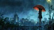Urban Rainfall person with Red Umbrella in Stormy Cityscape