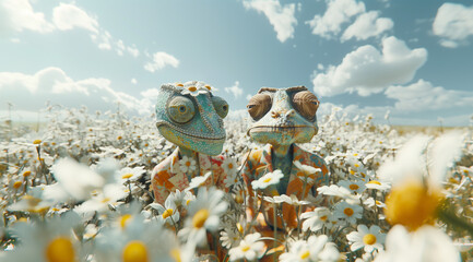 Canvas Print - Two chameleons in love in a white field of flowers