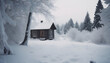 A small wooden house in the middle of an dense forest, covered with snow and ice. The cabin is surrounded by tall trees that have their branches buried under thick layers of white snow. Generative AI