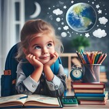 Fototapeta Londyn - Preschooler with books ready for school - big dream for the future.
