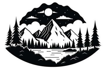 hand drawn vector nature illustration with mountains and forest on first view. using for travel and 