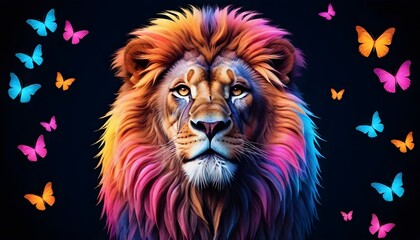  Colorful lion with a mane in shades of purple , surrounded by butterflies on a dark background