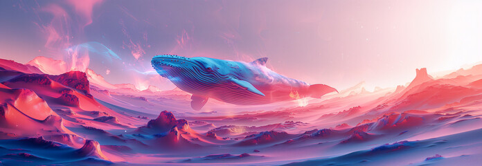 Poster - A whale over a desert, landscape in the style of futuristic surrealism