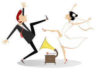 Canvas Print - Dancing married wedding couple. 
Vintage record player and dancing happy man and woman in the white dress and wedding veil. Isolated on white background
