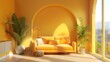 an AI-generated representation of an empty living room with a yellow arch wall, showcasing potential interior design possibilities attractive look