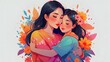 young woman gently hugs her daughter. Watercolor illustration of happy asian mother and child. Mother's Day card with loving family and flowers