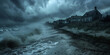 Digital painting of coastal village bracing for a massive storm surge under dark sky.