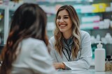 Fototapeta Kosmos - A serene professional female pharmacist counseling a customer with a warm smile in a modern chemist shop