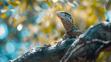 Poster - A monitor lizard perched on a tree branch, surveying its surroundings with a watchful eye, as the background blends into a dreamy blur