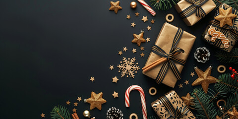 Wall Mural - A black christmas background with small golden stars and gift boxes decorations, Xmas banner design, Happy New Year, party invitation card template, winter holiday ,copy space