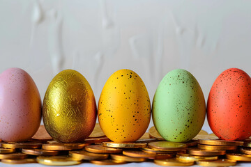 Wall Mural - Multi-colored eggs are arranged in a row on top of a pile of gold coins, shows the diversification of investment concept, asset allocation and portfolio management