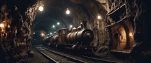 A Steam Locomotive In An Underground Tunnel, Illuminated By The Light Of Oil Lamps, With Wooden Carriages Filled With Mine Workers And Luggage.