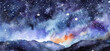 Watercolor space texture with bright stars. Starry night sky with paint strokes and whippings.