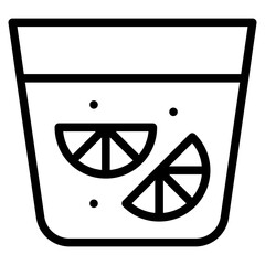 Poster - Summer cold drink thin line icon. Vector illustration with a glass of drink with ice cubes and lemon or orange slice and a straw.