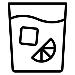 Poster - Summer cold drink thin line icon. Vector illustration with a glass of drink with ice cubes and lemon or orange slice and a straw.